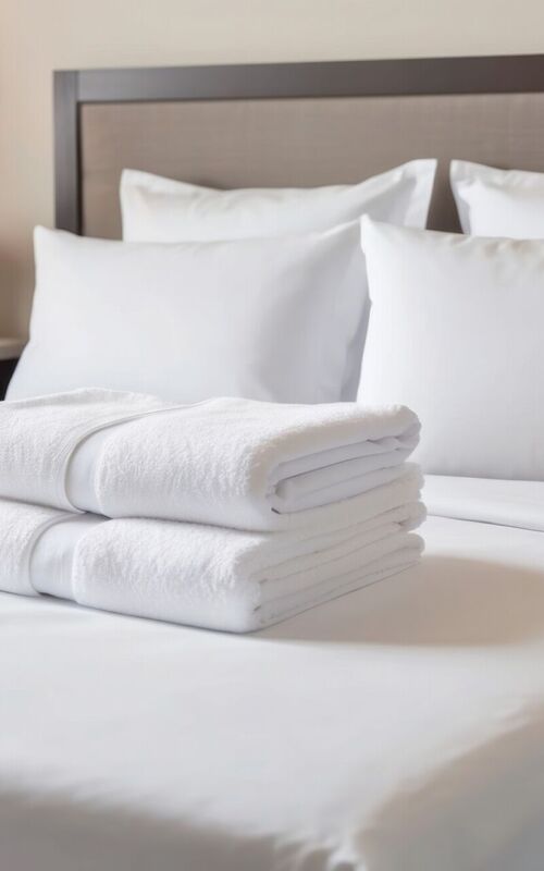 Folded white towels on a pristine white bed in a hotel room